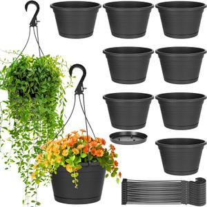 Roshtia 10 Pcs 10 Inch Hanging Baskets for Plants Large Plastic Hanging Basket Pots with Drainage Trays Self Watering Planter Pots for Outdoor Indoor Plants Flowers Garden Balcony (Black)