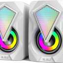 NJSJ Computer Speakers for Desktop, USB-Powered Stereo 2.0 PC Speakers, Portable Small Speaker for Laptop Monitor with 3.5mm Aux Input, Colorful LED Lights - White