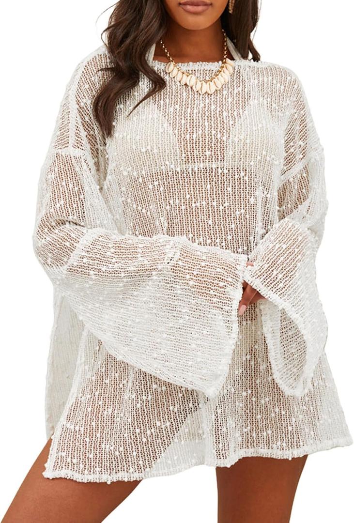 Lilosy Sexy Crochet Sheer Kaftan Caftan Beach Dress Bathing Suit Swim Coverup Summer Vacation Outfits One Piece (XX-Small, White)