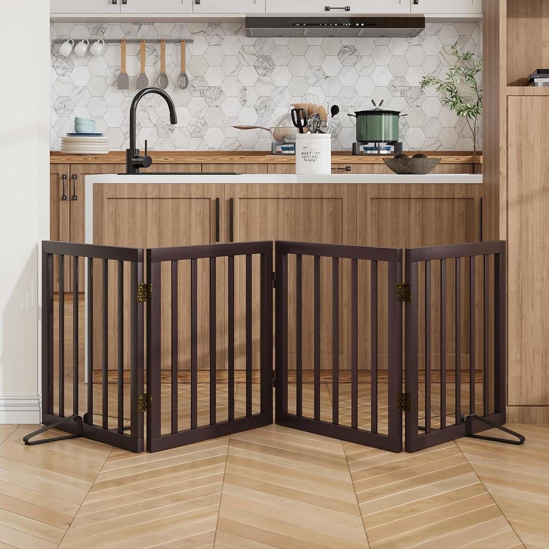 Wooden Dog Gate Freestanding Foldable 4 Panel Pet Gates Extra Wide Dog Gates for Indoor Doorways Stairs 24in Height Support Feet Included (Espresso)