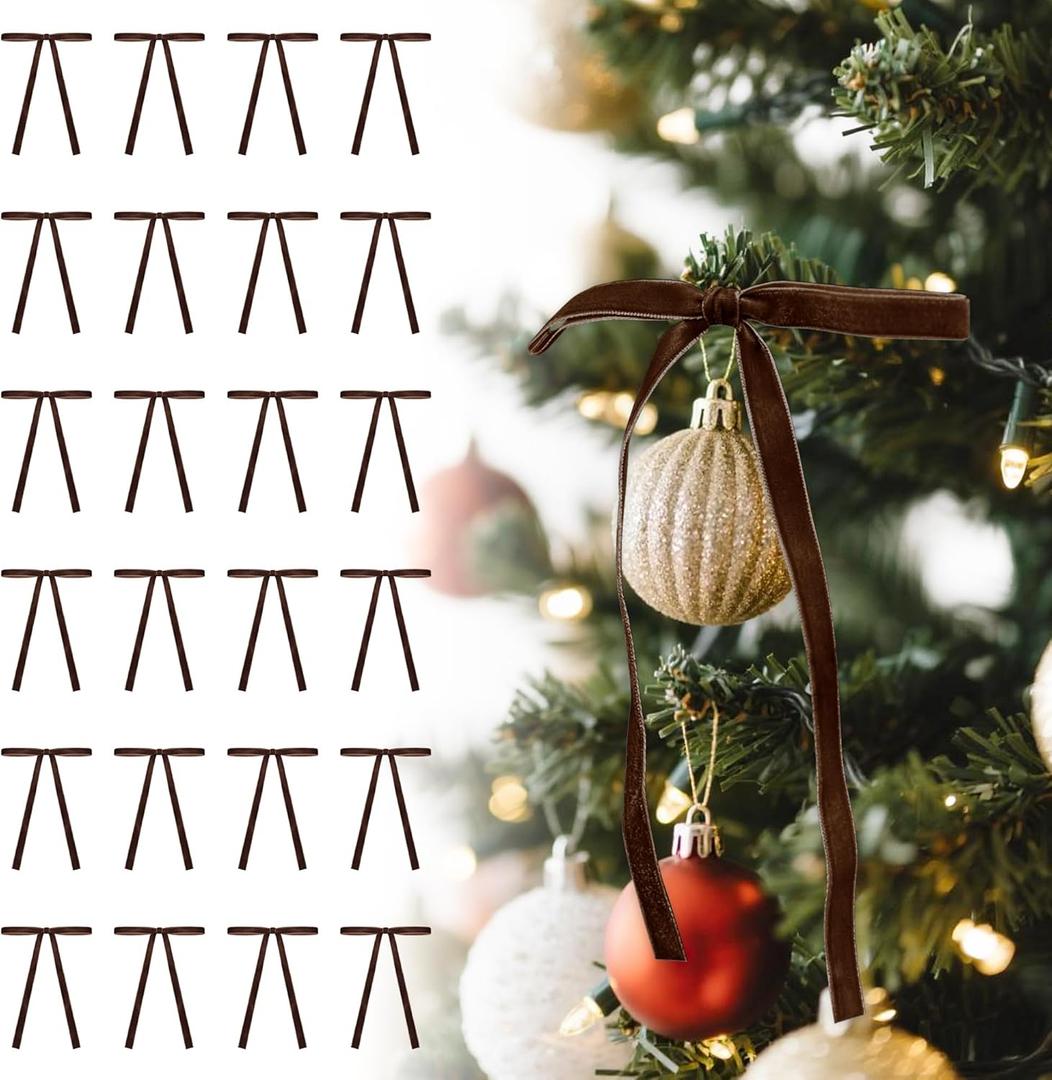 Brown Vintage Velvet Bows Decorations Small Ornaments for Christmas Tree, Garland, Wreath, Door, Outdoor (24 Pcs, 5 * 7 Inch)
