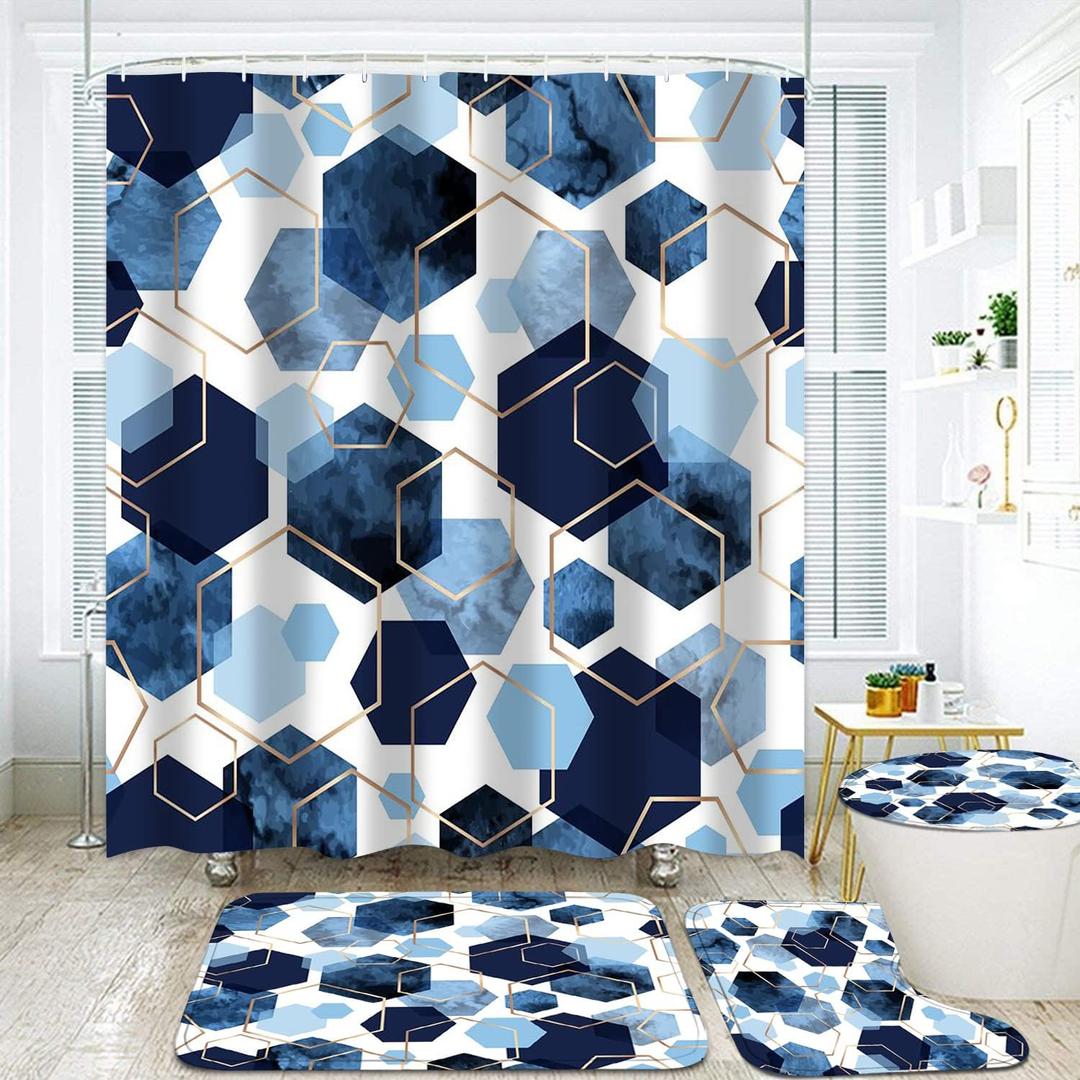 LQCOOL 4Pcs Blue Bathroom Set Geometric Shower Curtain Set Modern Art Shower Curtain for Bathroom with 12 Hooks, Bathroom Carpet Bath Mat and Toilet Rugs