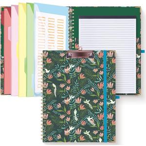 HAUTOCO Clipboard Folio with Refillable Notepad for Letter Size (11" x 8.5"), 5 Dividers with 10 Pockets, Elastic Pen Holder and File Folder Labels, Spiral Nurse Clipboard Artboard(Flower Bird)