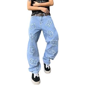 Mens Womens Baggy Jeans Patched Letter Badge Wide Leg Denim Pants Y2k Hip Hop Casual Loose Trousers (Medium, A10 Blue)