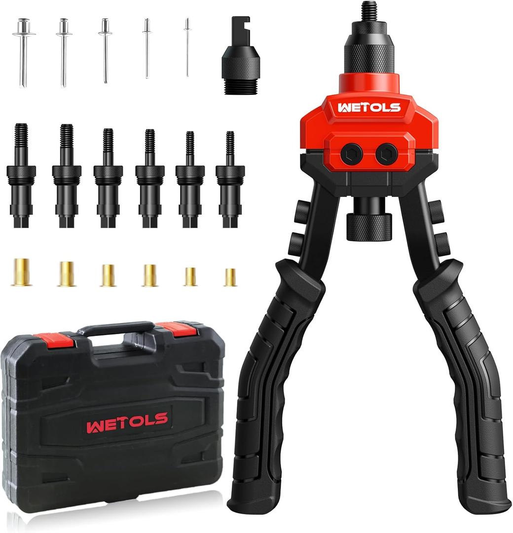 WETOLS 3 in 1 Rivet Nut Tool, Rivet Gun, Reamer Set, Professional Rivet Gun Kit with 5 Rivet Heads and 6 Metric & SAE Mandrels, Hand Riveter Tool with 50 Rivets and 60 Rivet Nuts, Sturdy Case, WE-890