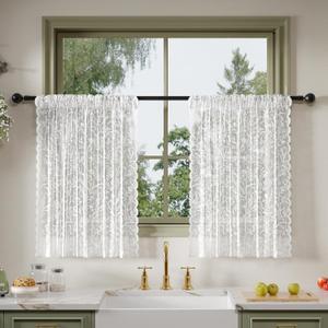 Anmao Vintage Lace Kitchen Curtains 36 Inches Long 2 Panels, Romantic Semi Sheer Floral Over Sink Lacy Cafe Curtain, Elegant Window Short Small Drapes, 55W x 36L, White Leaf