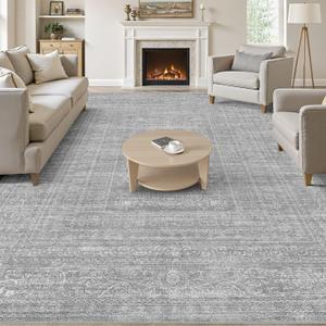 6x9 Area Rugs Living Room: Washable Large Vintage Grey Rug Neutral Non-Slip Soft Stain Resistant Indoor Carpet for Bedroom Nursery Dining Room Under Table Bed Home House Office Playroom