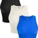 OLCHEE Womens 3 Pack Crop Tank Tops Basic Seamless Ribbed Round High Neck Racerback Workout Top Summer Causal Yoga Gym Shirts L