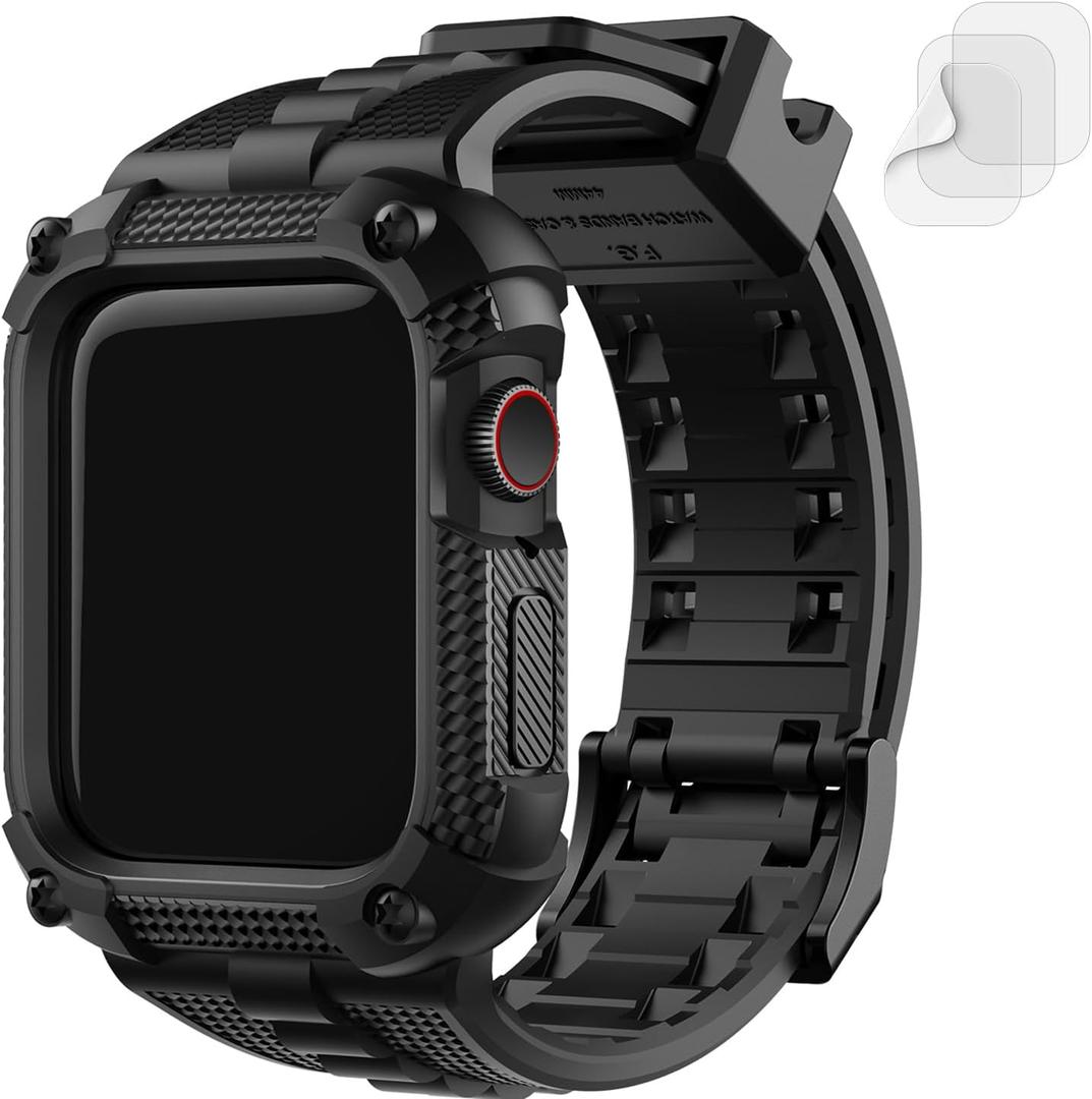 Fullmosa Compatible with Apple Watch Bands 45mm 44mm Series 9/8/7/6/5/4/SE2/SE, TPU Rugged iWatch Strap Military Grade Shockproof Bumper Case with Screen Protector for Men Women (44mm, Black)