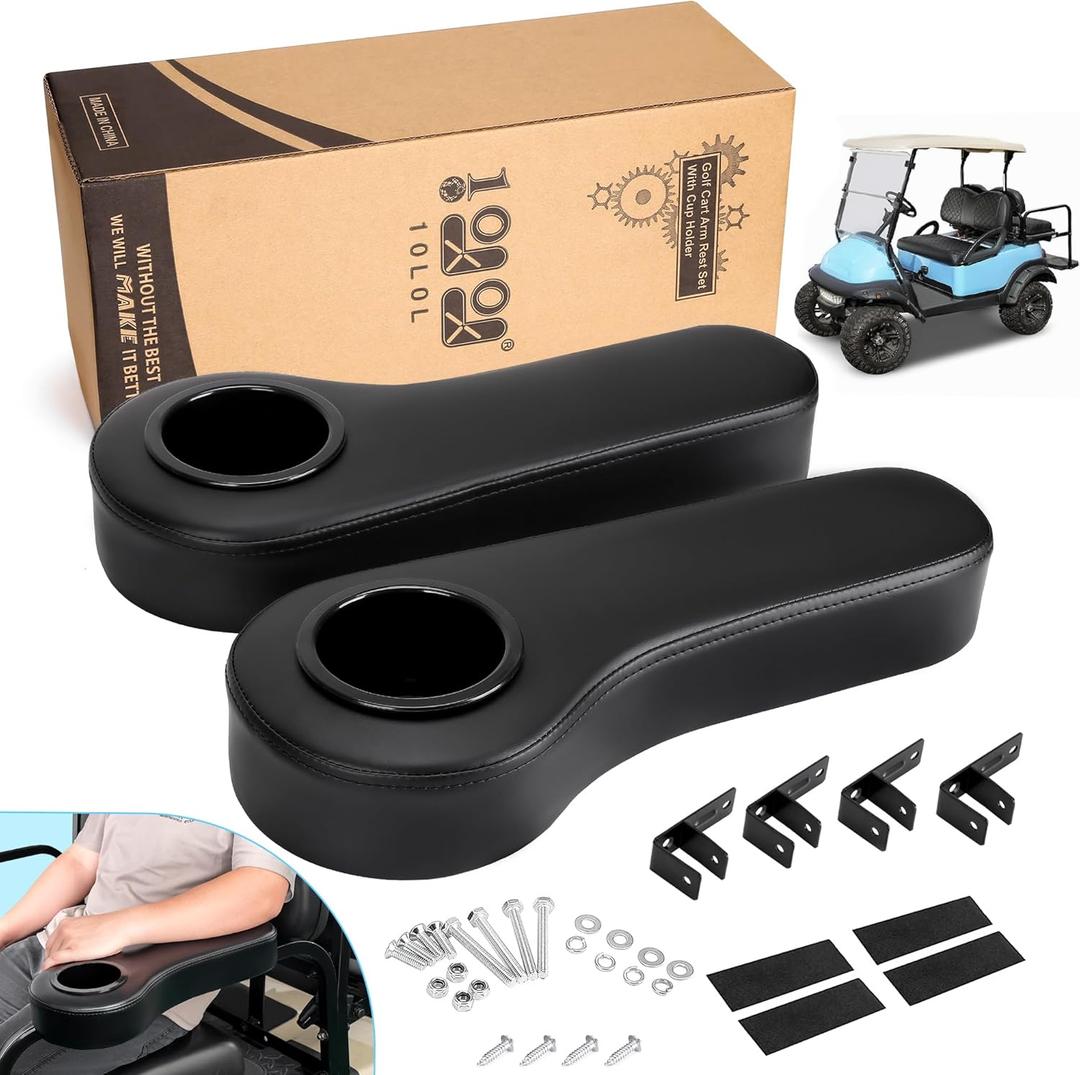 10L0L Golf Cart Rear Seat Kit Arm Rest Set with Cup Holder for Yamaha EZGO Club Car Golf Cart UV-Proof Coating Long Lasting, No Drilling Kits Include (Black)