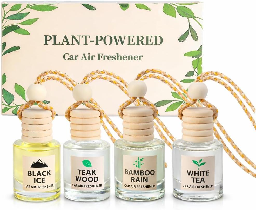 Plant-Powered Car Air Freshener 4-Pack, Essential Oil Hanging Car Diffuser for Rearview Mirror, Long Lasting Odor Eliminator, Aesthetic Auto Decor Accessories (Teakwood, Bamboo, White Tea)