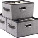 PRANDOM Fodable Storage Bins for Closet [3-Pack] Decorative Fabric Storage Baskets Cubes with Leather/Metal Handles for Shelves Bedroom Living Room Grey (11.5x8.5x6.7 Inch) (Grey&black Trim)