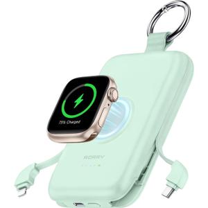RORRY Portable Charger, 10000mAh PD 20W Fast Charging Portable Charger Power Bank with Built in Cables, Travel Battery Pack for iPhone and Apple Watch Ultra/11/10/9/8/7/6/5, Green