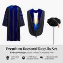 Doctoral Regalia Set with PhD Hood and 8-Side Tam Graduation Gown with Gold Piping and Velvet Trim Ceremony Attire (Blue) 48