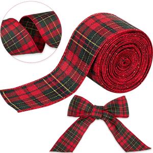 Christmas Wired Edge Plaid Ribbon 2.5 Inches Black and White Buffalo Wrapping Ribbon Gingham Ribbon for Christmas Tree Wreath Gift Wrapping, Crafts, and Decorations(Red with Green and Gold Line Plaid)
