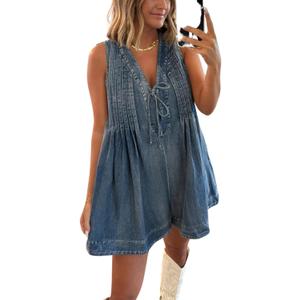 yoeasy Women's Sleeveless V Neck Shorts Denim Romper Tie Front Ruffle Cute Loose Jean Short Overalls with Pockets (Large, Dark Blue)