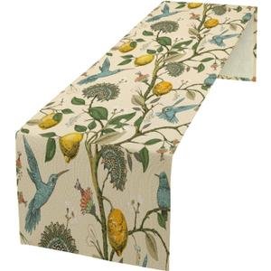 Table Runner with Flowers and Birds, Spring Plant Flowers Table Decoration Linen Table Runner Family Party Party Decorations 13x36 Inches