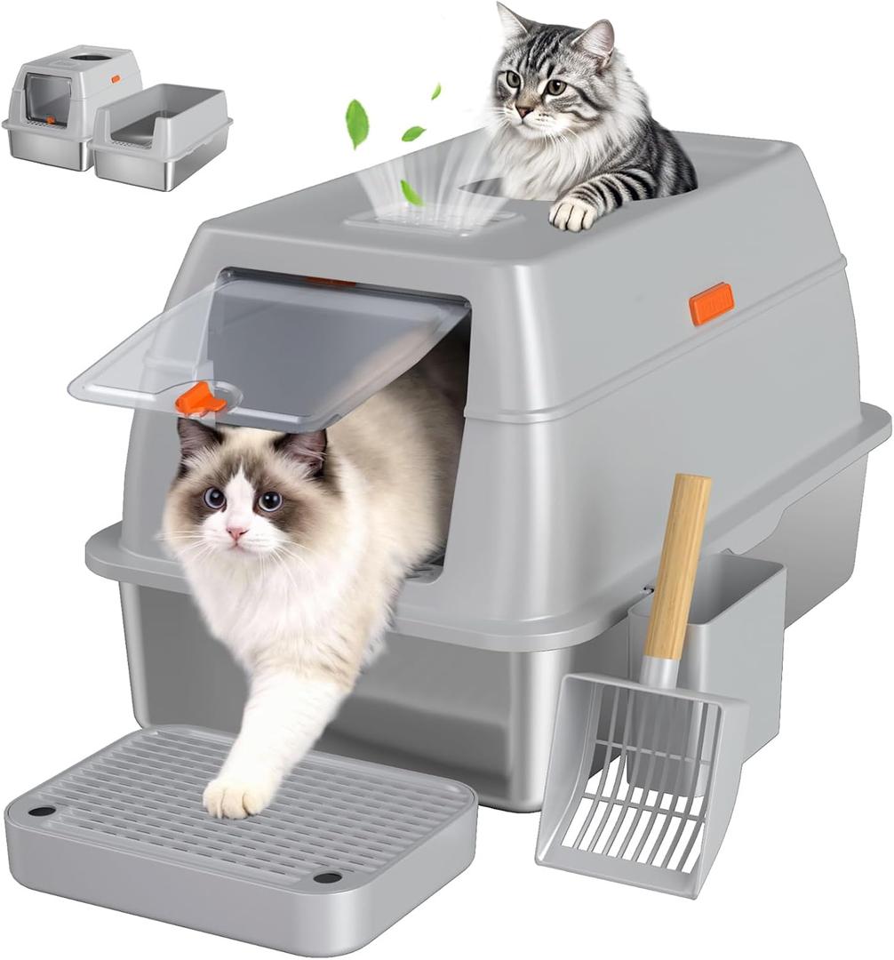 XL Enclosed Stainless Steel Litter Box with Lid, Light Gray | covered, High Sided, Rustproof & Leak Proof, Easy Clean, Odor Control, Includes Scoop & Step