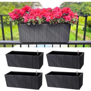 LaLaGreen Deck Railing Planter Box (20 Inch, 4 Pack) Black Rectangular Window Flower Boxes with Bracket, Self Watering System Hanging Planter Box for Outdoor Plant Container Herb Rail Fence Balcony