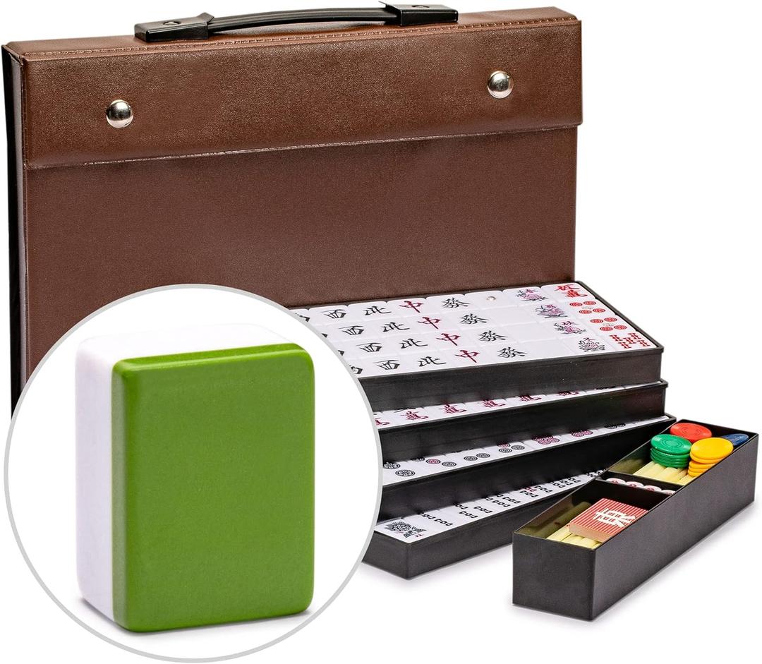 Yellow Mountain Imports Japanese Riichi Mahjong Set - Large White and Green Tiles, Vinyl Case - Includes East Wind Tile, Betting Sticks, and Dice