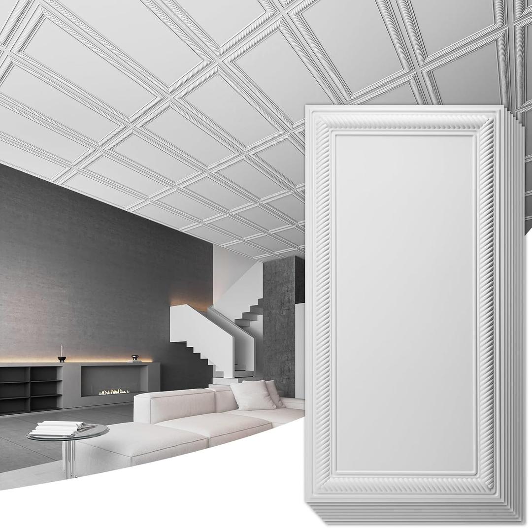 Art3d Drop Ceiling Tiles 24x48, Decorative PVC Ceiling Panels, Waterproof Rustproof and Durable 12-Pack, Glue Down, Rectangular White