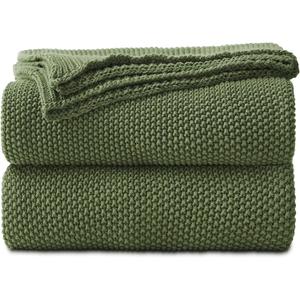 Longhui bedding Olive Green Cotton Cable Knit Throw Blanket for Couch Sofa Bed, Home Decorative Lightweight Knitted Blankets with Bonus Laundering Bag, 60 x 80, Machine Washable