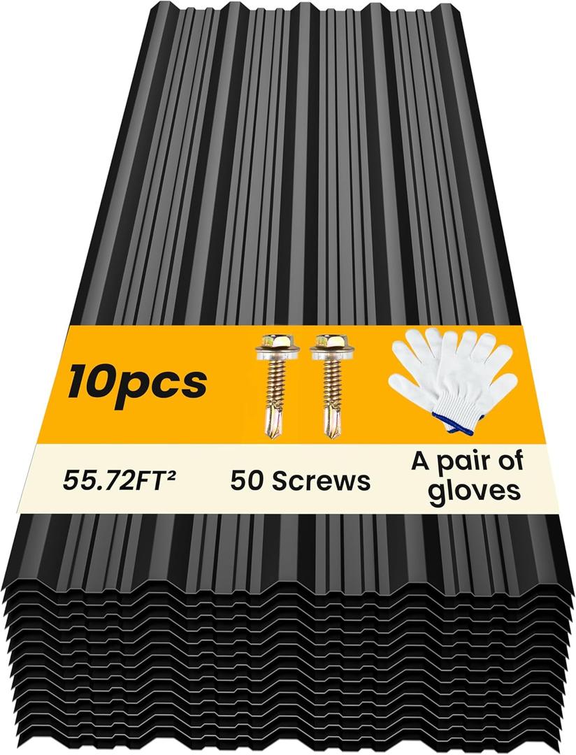 10 pcs Metal Roofing Panels - Corrugated Galvanized Roof Panels L45.28x W17.72 Inch, Waterproof Tin Roof Sheets for Garages,Sheds, Stables and Mobile Homes, Includes Screws(Black,L45.28''-10)