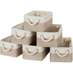 Temary Small Fabric Storage Baskets 6 Pcs Decorative Baskets Bins for Gifts Empty Foldable Storage Basket with Handles for Organizing Shelf, Towels (White&Khaki,11.8 L x 7.9 W x 5.3 H inches)