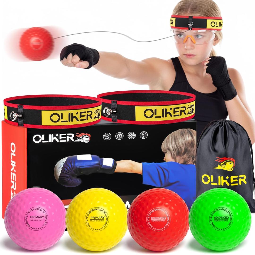 Boxing Reflex Ball for Kids, 4 Levels Boxing Ball with 2 Headbands, 1 Pair Gloves and 1 Goggles, Perfect for Reaction, Punching Speed and Hand Eye Coordination Training (Yellow+Pink+Red+Green)