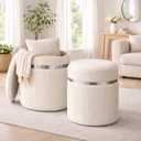 Round Storage Ottoman Set of 2 - White Ottoman with Storage for Living Room - Velvet Vanity Stool and Footrest - Round Nesting Ottoman Stools for Bedroom Makeup Area - Hidden Storage