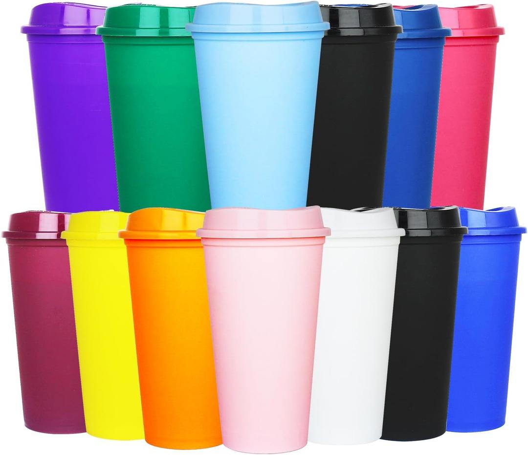 Ankeli 16 oz Coffee Cups with Lids,13 Pack Plastic Cups, Colorful Coffee Tumbler, Reusable Leak and Spill Proof, Bulk Party Tumble
