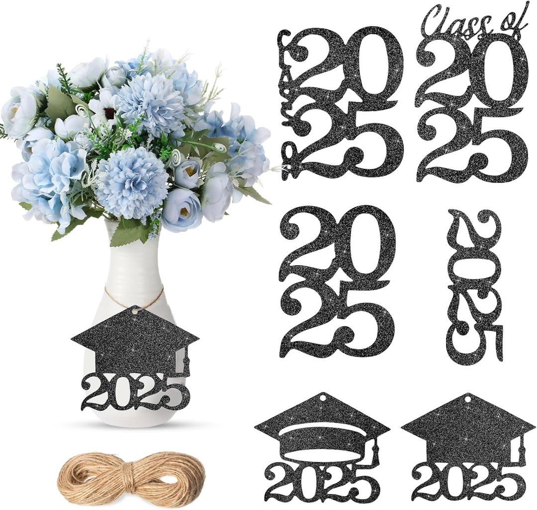 Jutom 48 Pcs Glitter 2025 Cutouts Tags Graduation Decoration Class of 2025 Centerpiece with 708.6 Inch Rope Graduation Party Favor Grad Cap Tags New Year Supplies(Black)