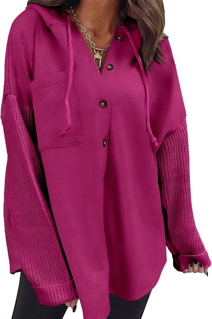 SHEWIN Oversized Sweatshirt for Women Loose Fit Casual Long Sleeve Button Hooded Sweatshirts Hoodies with Pocket (Large, Rose Red)