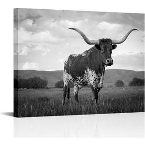 Visual Art Decor Longhorn Cow Pictures Black and White Cow Painting Canvas Wall Art Framed Artwork for Home Decor 24inchx32inch