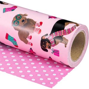WRAPAHOLIC Reversible Dog Christmas Wrapping Paper - Mini Roll - 17 Inch x 33 Feet - Pink Christmas Dog Wrapping Paper and Polke Dot Design for Holiday, Puppy Party Celebration