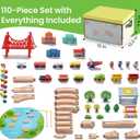 Tiny Land 110pcs Wooden Train Set with Folding Storage Box, Wooden Train Track Toy for Boys & Girls, Age 3-7, Includes Convenient Storage