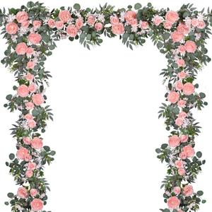 DearHouse 2Pcs Artificial Peony Flower Garland and - Silk Peony Garland with Flowers and Eucalyptus for Wedding Party Table Decoration,6ft/Strand (Pink)