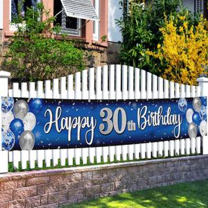 Happy 30th Birthday Decorations,30th Blue & Silver Balloon Large Birthday Backdrop Banner Sign - Cheers to Thirty Years Old Bday Party Supplies.