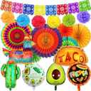 Cinco De Mayo Fiesta Party Decorations, Mexican Fiesta Party Supplies Includes Balloons, Banner, Pom Poms, Paper Fans