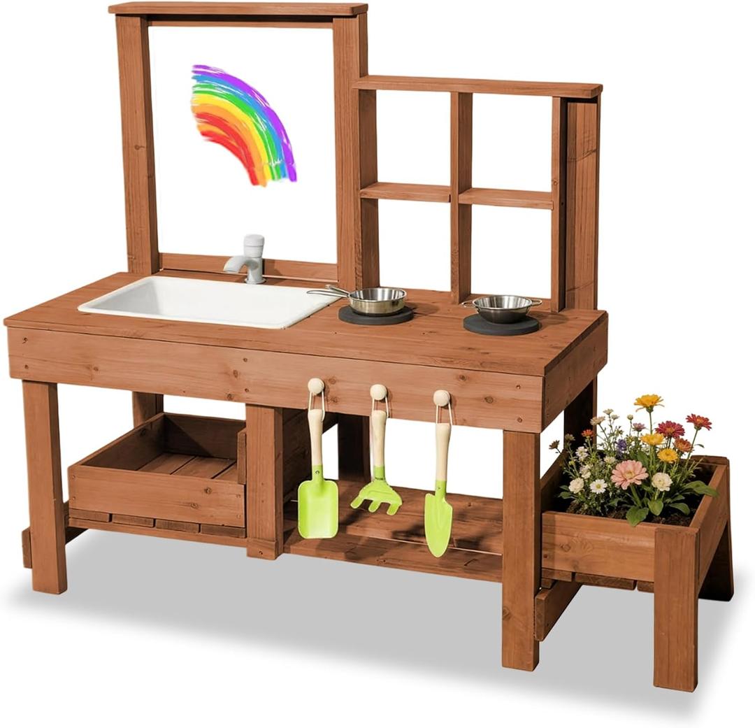 Mud Kitchen Playset for, Outdoor Wooden Toy Play Kitchen Set for Boys and Girls, Kitchen Accessories and Garden Sink with Faucet & Storage Shelves for Backyard Garden Toy (Brown), 47.2" x 18.5" x 39"