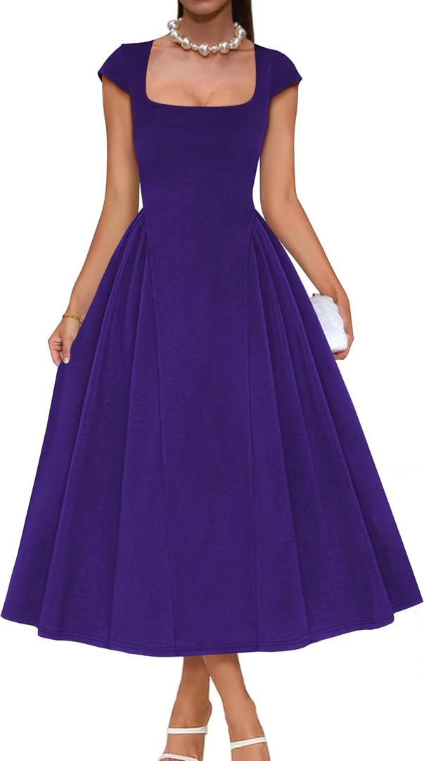 Mokayee Womens Summer Cap Sleeve Square Neck Elegant Tea Party A Line Cocktail Swing Wedding Guest Dresses (Purple, S)