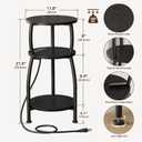 Round Side Table with Power Outlet & USB Ports, 3-Tier End Table with Storage Shelf, Modern Rustic Nightstand, Small Spaces Accent Table for Living Room Bedroom, Easy Assembly, Black