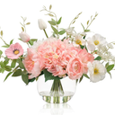 WELL KNOWN Artificial Flowers in Vase, Fake Silk Peony Tulip Hydrangea Pink & White Flower Bouquet Arrangement with Faux Water Centerpieces for Home Wedding Dining Table Party Decor & Gift for Women