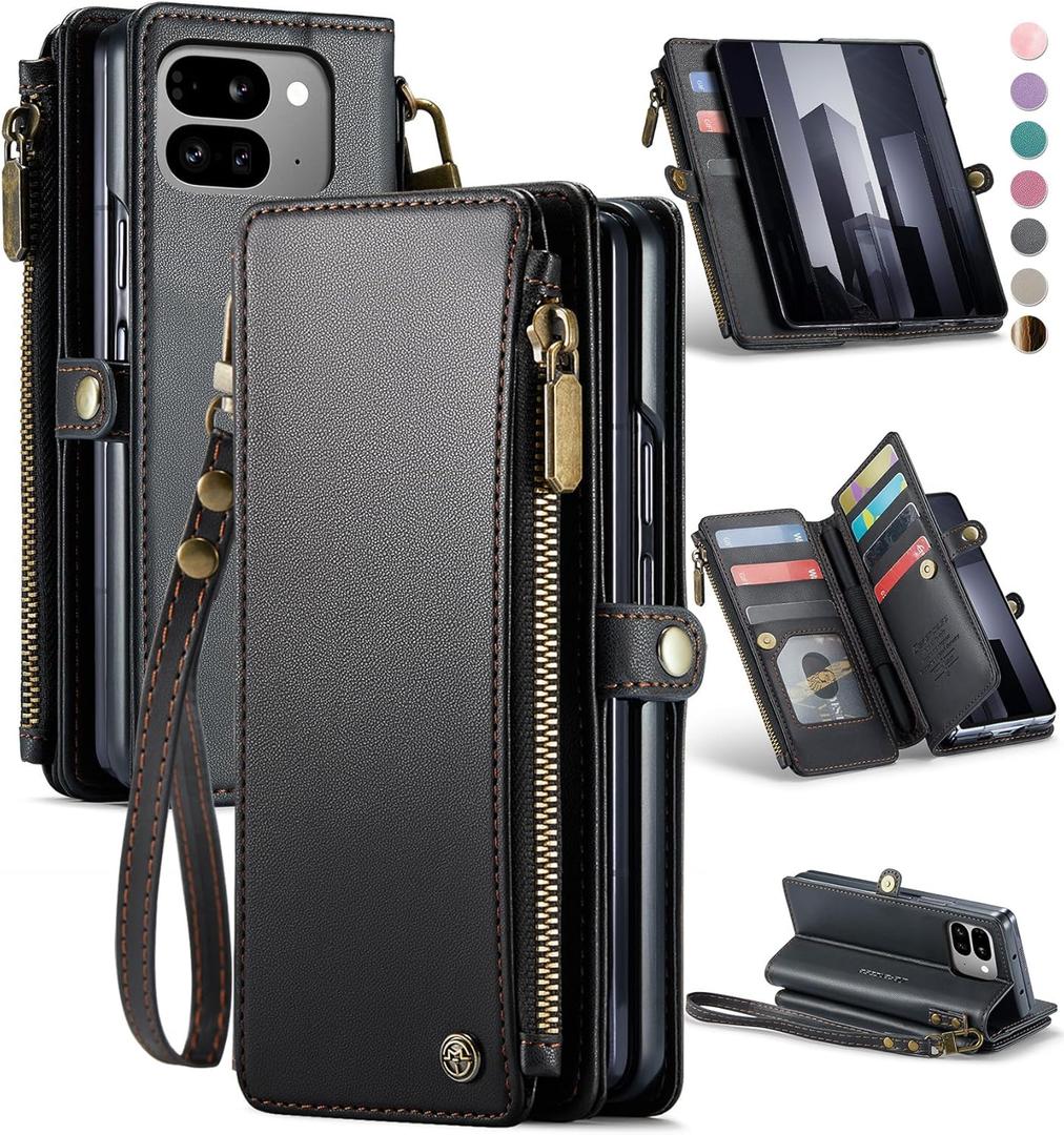 Defencase Compatible with Pixel 9 Pro Fold Case Wallet with RFID Blocking Card Holder & Pen Holder PU Leather Magnetic Snap Flip Zipper Strap Phone Case Fit for Google Pixel 9 Pro Fold, Black