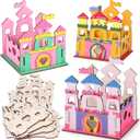 Ristpal 12 Set DIY Wooden Painting Crafts Set, Unfinished Blank Coloring Wooden Stencils of Castle, Arts and Crafts Supplies for Birthday Gifts Classroom Rewards Goodie Bags Fillers