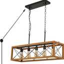 Rustic Kitchen Light Fixtures, Farmhouse Chandelier with Detachable Plug in Cord for Dining Room, Pool Table, Wood Linear Rectangular Pendant Light Fixtures Ceiling Hanging Black