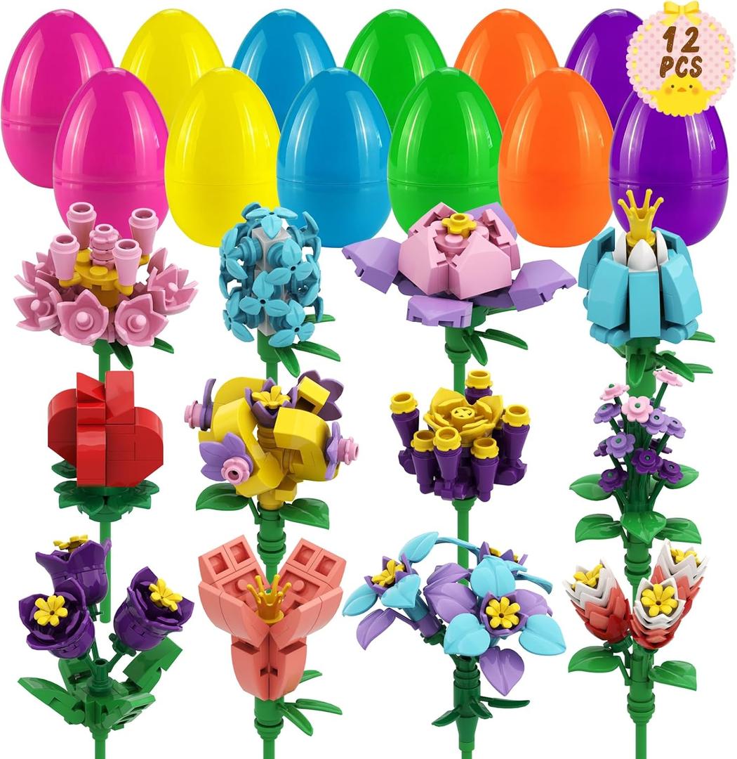 12 Pcs Easter Basket Stuffers Flower Building Blocks Eggs Prefilled Plastic Easter Eggs with Building Blocks for Basket Stuffers Toys Egg Hunt for Boys Girls Party Favors
