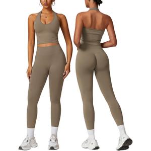 ABOCIW Workout Sets for Women 2 Piece Seamless V Neck Halter Tank Top with Bra Scrunch Butt Lifting High Waist Leggings Gym Sets Work Out Clothes Minky Medium