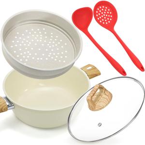 WUWEOT 4 Qt Ceramic Stock Pot, Nonstick Soup Pot, Non-toxic Healthy Cooking Cookware, Multipurpose Dutch Oven with Steamer Basket and Wooden Handle, Universal Base (Gas, Electric & Induction)