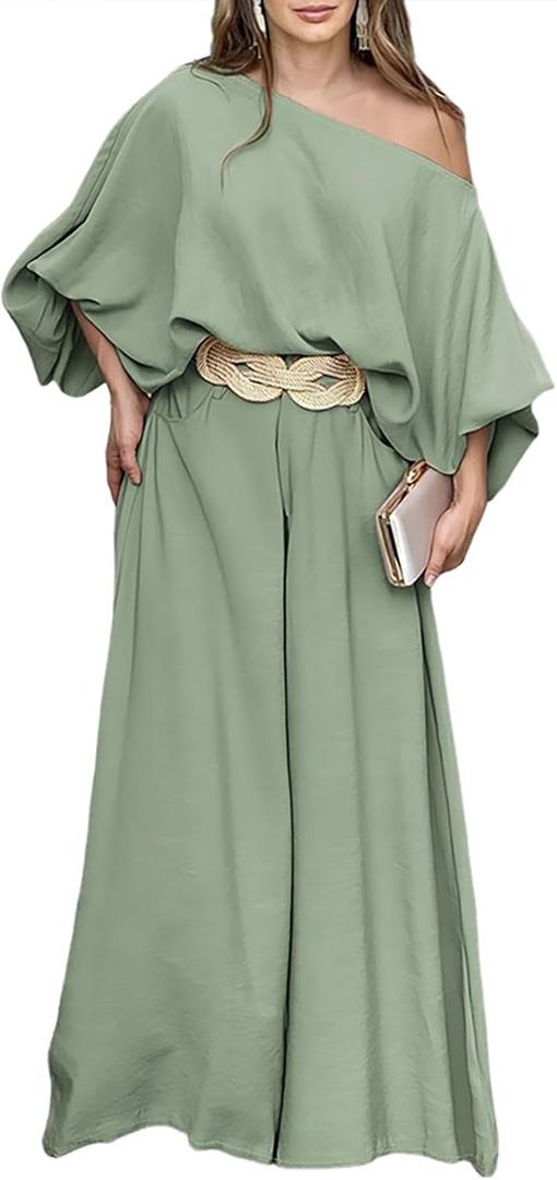 CHICME Women Summer 2 Piece Outfits Off Shoulder Top Flowy Wide Leg Pants Set Vacation Travel Airport Outfits (M)
